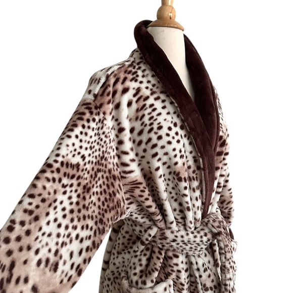 NATORI Animal Print Snow Leopard Plush Long Wrap Robe Loungewear Neutral Size XL - Picture 5 of 16